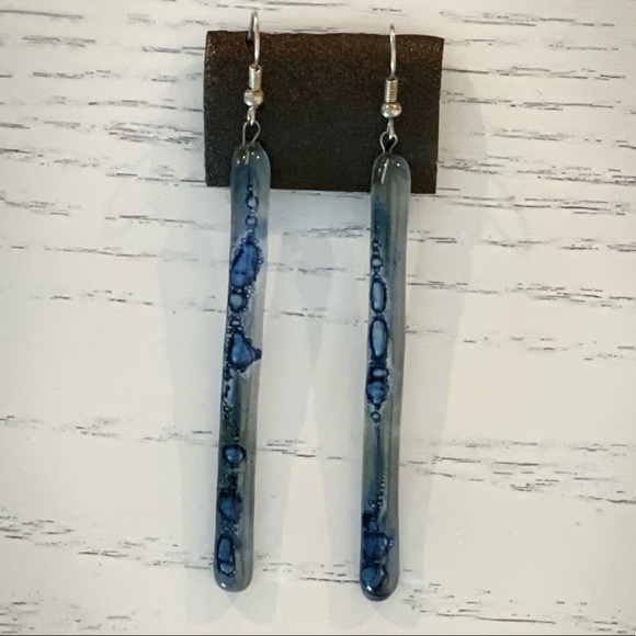 Art Glass Long Blue Dangle Bar Earrings - Picture 2 of 6